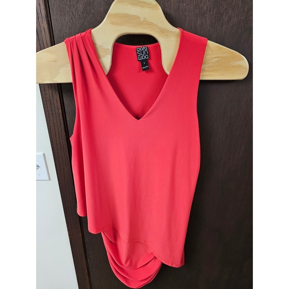Clara Sunwoo Womens Coral Red V-Neck Asymmetrical Layered Sleeveless dress Large